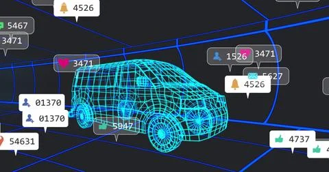 Showcasing 3D wireframe van model centered inside digital tunnel, with floating Stock Photos