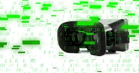 Showcasing black surveillance camera tracking green binary code on white wall, Stock Illustration