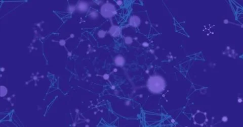 Showcasing blue network nodes linking with lines in digital grid, lit purple Stock Illustration