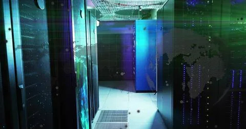 Showcasing blue server cabinet standing in data center aisle, with overhead Stock Illustration