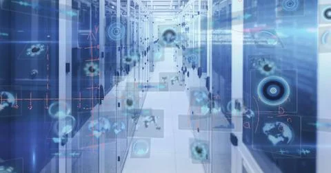 Showcasing central corridor of server racks featuring holographic HUD graphics Stock Photos