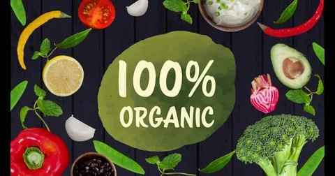 Showcasing central green label saying 100% ORGANIC on kitchen tabletop, with Stock Illustration