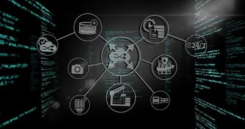 Showcasing central hub icon networking in dark environment, with database and 스톡 사진