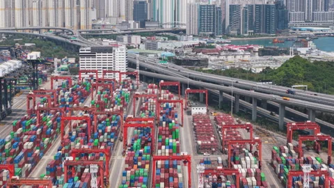 Showcasing the Complex Network of Global Commerce. Container Terminal Handling Stock Footage 310604716