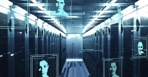 Showcasing corridor within data center, with holographic UI panels and glowing Stock Illustration