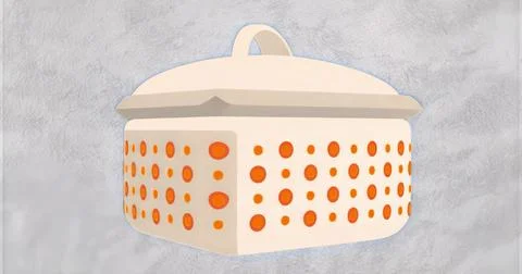 Showcasing cream-colored rectangular dish with lid sitting on grey backdrop,  库存插图