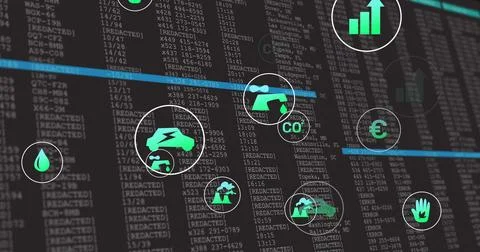 Showcasing dashboard on computer display featuring redacted code with neon blue Illustrazione stock