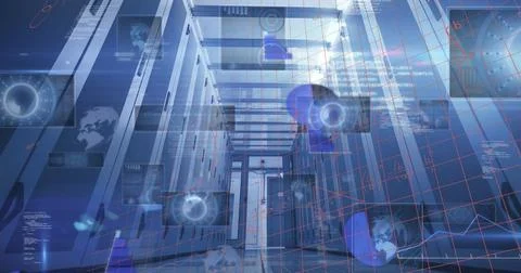 Showcasing data center corridor featuring server racks and floating holograms, Stock Photos