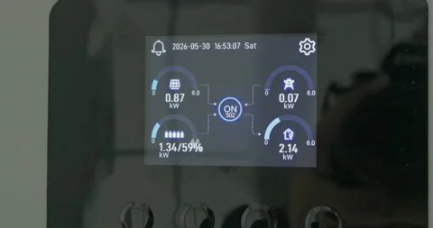 Showcasing data dashboard on solar cell inverter displaying performance metrics Stock Footage 337785096