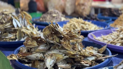 Showcasing Diverse Dried Fish Selections Available at a Traditional Open-Ai.. Stock Footage 337285134