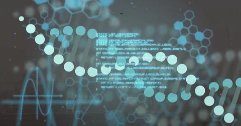Showcasing DNA double helix at interface, with code text, hexagon outlines and 写真素材