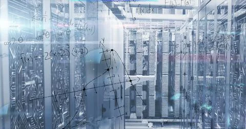 Showcasing glass-front server racks in data center, with circuit-pattern panels Stockfoto's
