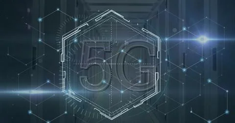 Showcasing large translucent hexagon frame with 5G text and network nodes in Foto stock