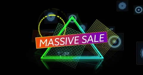 Showcasing neon triangle displaying MASSIVE SALE banner in abstract ad, with Stock Photos
