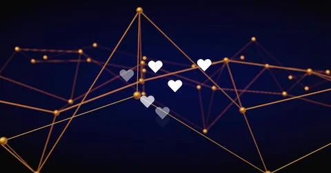 Showcasing network hovering in virtual space, with golden nodes, glowing lines Illustrazione stock