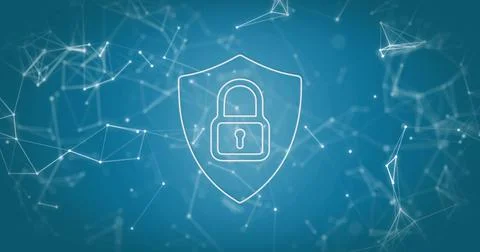 Showcasing padlock inside shield floating on blue gradient backdrop, with Stock Illustration