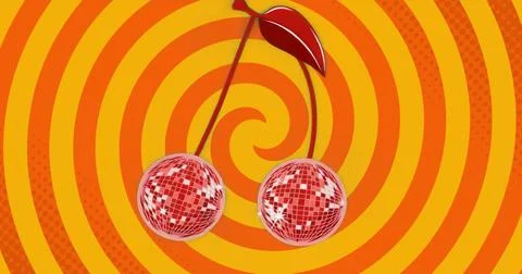 Showcasing pair of cherries hanging against orange-yellow spiral backdrop, with Stock Illustration