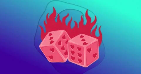 Showcasing pink dice with heart-shaped pips floating on gradient background,  Stock Illustration