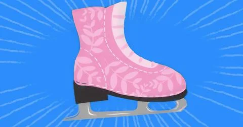 Showcasing pink figure skating boot with leaf motif and silver blade on bright Stock Illustration