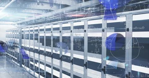 Showcasing row of server cabinets marching down data center hall, with digital Stock Photos