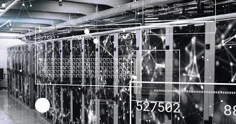 Showcasing row of server racks operating in data center, with blinking lights Foto stock