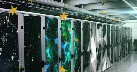 Showcasing server cabinets displaying cosmic-patterned panels in data center Stockfoto's