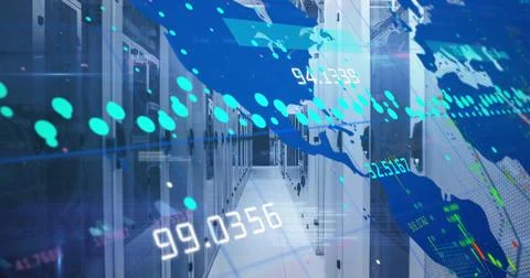 Showcasing server cabinets lining datacenter aisle with LED lights, world map Stock Photos