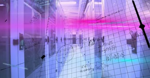 Showcasing server rack aisle in data center under bluish lighting with blinking Stock Photos