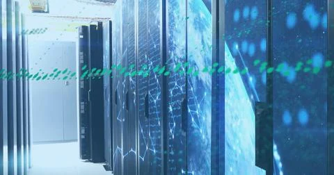 Showcasing server racks with lit units cabling globe overlay and floating green Stock Photos