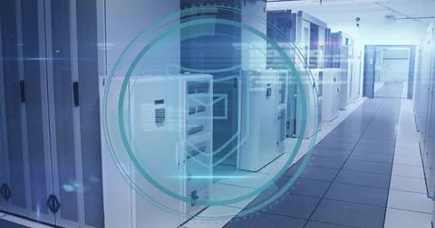 Showcasing single white server cabinet in data center aisle, with LED lights and Stock Photos