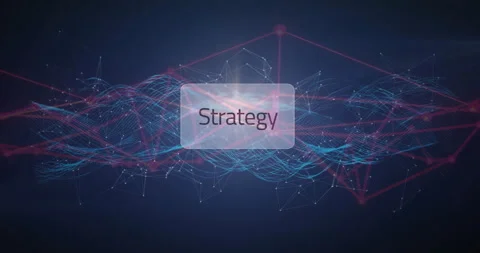 Showcasing Strategy rectangle floating over node network with blue dotted waves Stock Footage 308659932