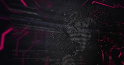 Showcasing stylized dotted globe pulsing over virtual digital interface, with Stockfoto's