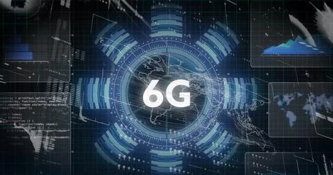 Showcasing stylized globe radiating data rings at digital dashboard, with 6G Stock Photos