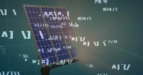 Showcasing three-column solar array tilting right on pole in studio, projecting Foto stock