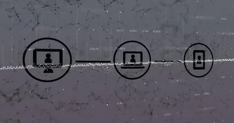 Showcasing three device icons linking via dotted waveform over gradient network Stock Illustration