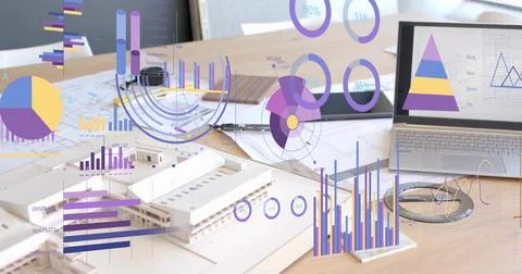 Showcasing white scale model sitting on studio desk with blueprints and floating Stock Photos
