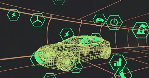 Showcasing wireframe car model gliding through 3D tunnel, with floating green Illustrazione stock