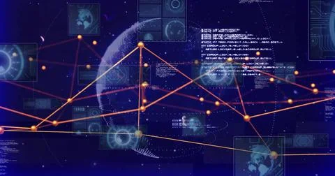 Showcasing wireframe globe spinning in network, glowing nodes, lines and panels 写真素材