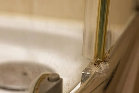 Shower base joint with mold and neglected lower fitting Stock Photos