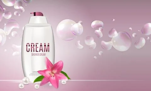 Shower Gel Bottle Template for Ads or Magazine Background. 3D Realistic Vector Illustrazione stock