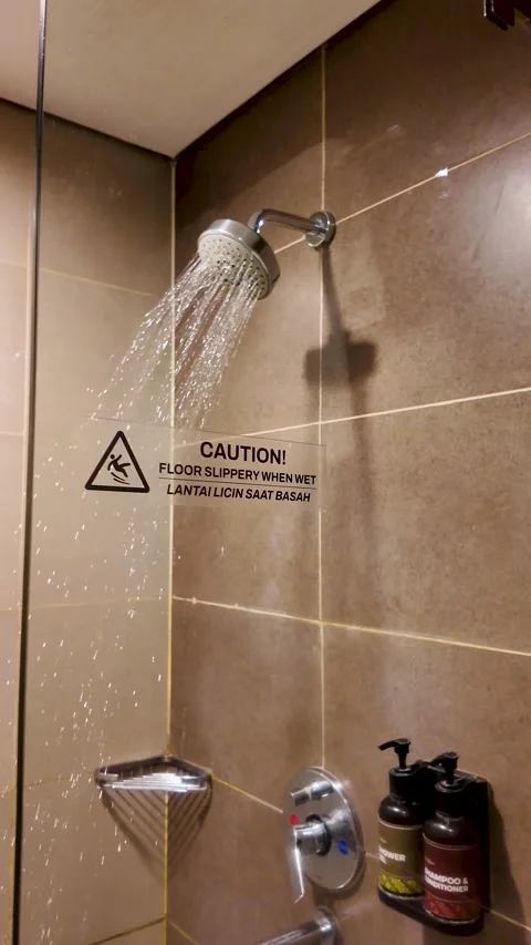 Shower Head Running Water with Slippery Floor Caution Sign in Hotel Bathroom Stock Footage 344087599