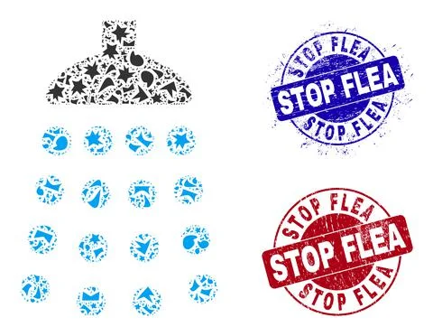 Shower Mosaic of Shards with Stop Flea Textured Seal Stamps Stock Illustration
