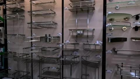 Shower Rack or Bathroom Rack Selection in a Home Depot Store Stock Footage 236591629