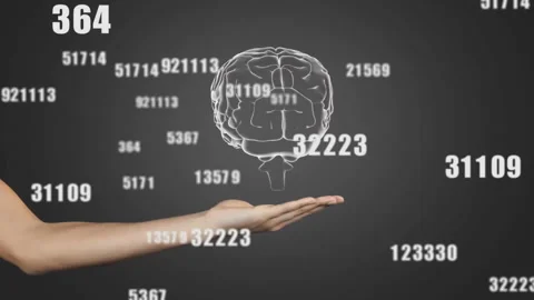 Showing 2040 gray spawning digits drifting into arm holding wireframe brain Stock Footage 313639399