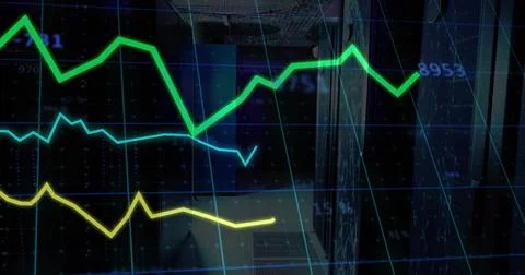 Showing 3 line graphs sweeping across data center with racks, cables, vents, Stock Illustration