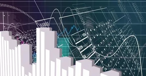 Showing 3D bar chart cluster left-of-center on dashboard, displaying line Stock Illustration