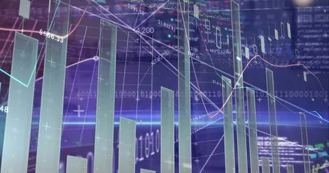 Showing 3D bar chart columns emerging on holographic grid, with line graphs and Foto stock