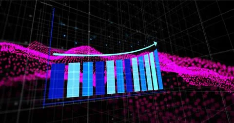 Showing 3D bar chart displaying curved trend arrow on analytics wireframe grid, Stock Photos
