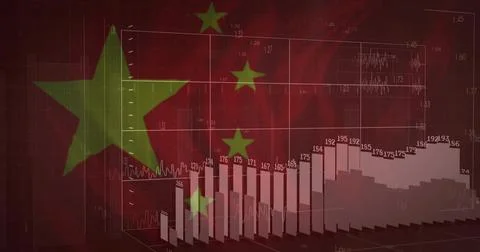 Showing 3D bar chart visualizing data on trading platform, with Chinese flag Stock Illustration