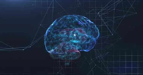 Showing 3D brain model glowing neural nodes and filaments in navy wireframe grid Stock Illustration